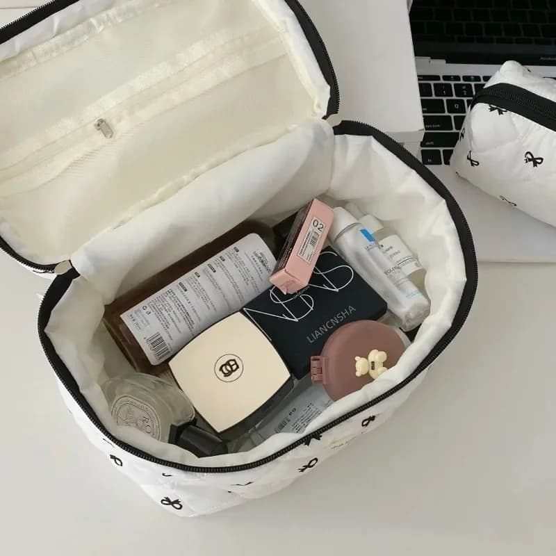 Borsa tote con stampa ciliegie da donna, pochette per trucchi, beauty case, organizer da viaggio, borsa a mano trapuntata in cotone con cerniera