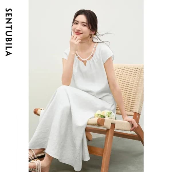 SENTUBILA Completo Casual da Donna Bianco 2 Pezzi con Top Scavato con Perline e Scollo Rotondo, Spalle Scivolate e Gonna a Trapezio con Vita Elastica 162ZK6036