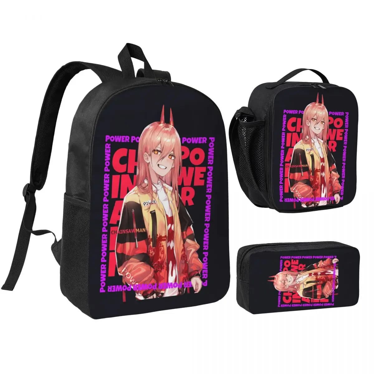 Power Chainsaw Man Manga 3pecs/set Zaino per studente Chainsawman Borsa a tracolla per computer portatile Borsa per il pranzo Astuccio