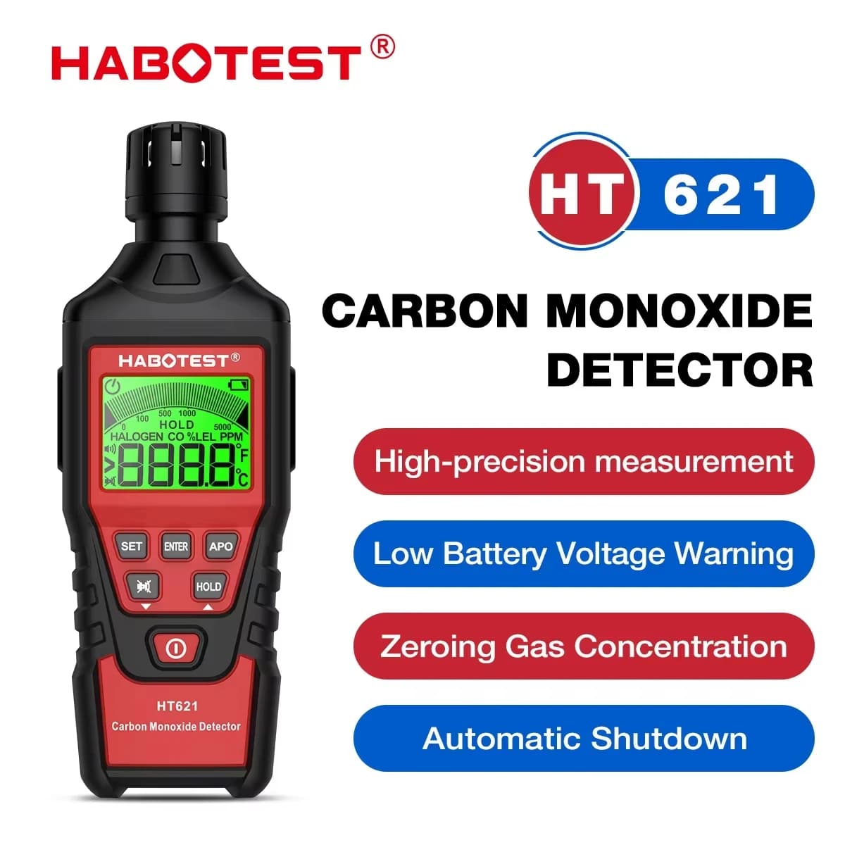 HABOTEST HT621 Rilevatore di Monossido di Carbonio con Allarme, Nuovo Sensore Fotoelettrico, Tester Professionale di Gas CO ad Alta Precisione con Display LCD