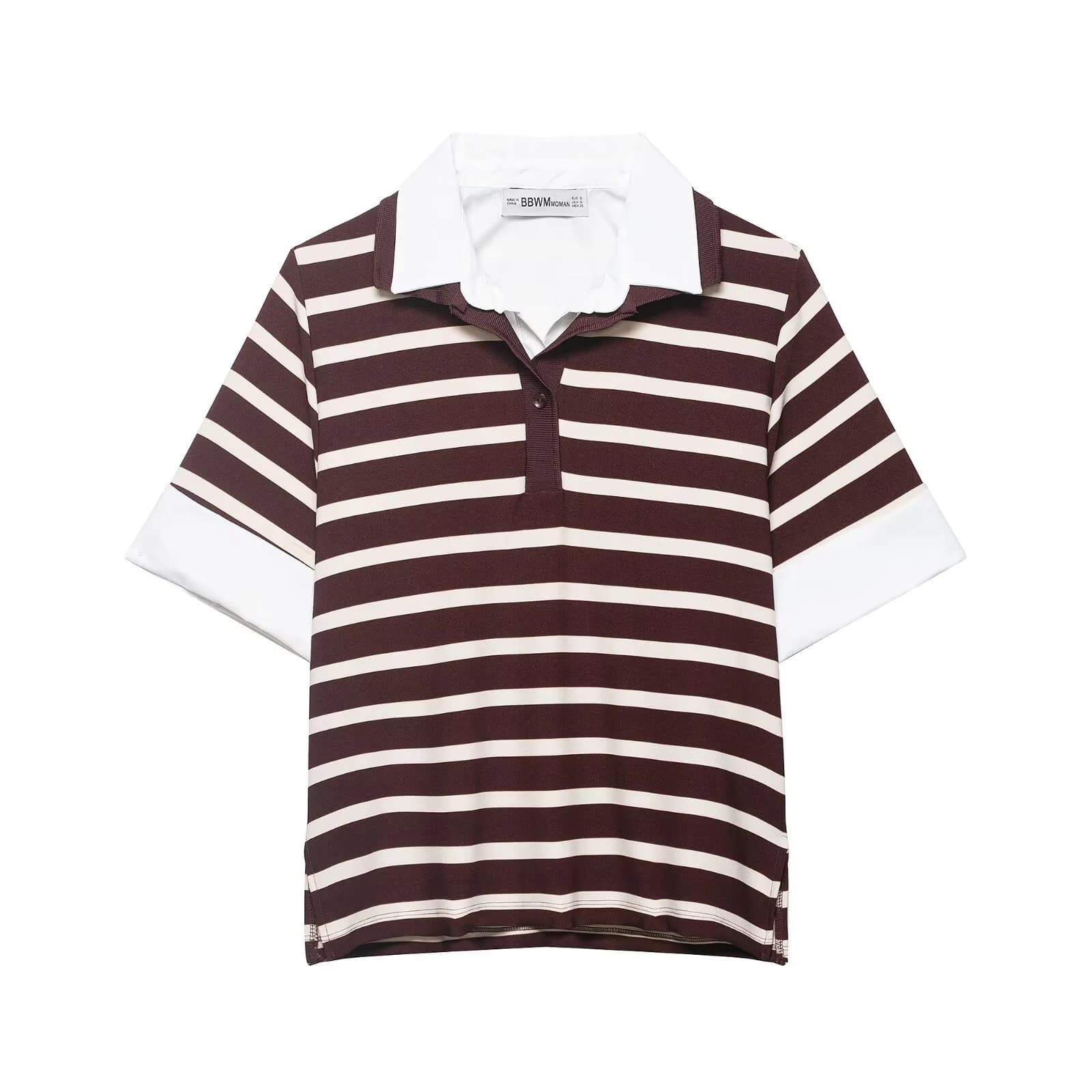 Moda femminile primaverile ed estiva in stile europeo e americano, versatile maglietta con colletto polo a righe patchwork.
