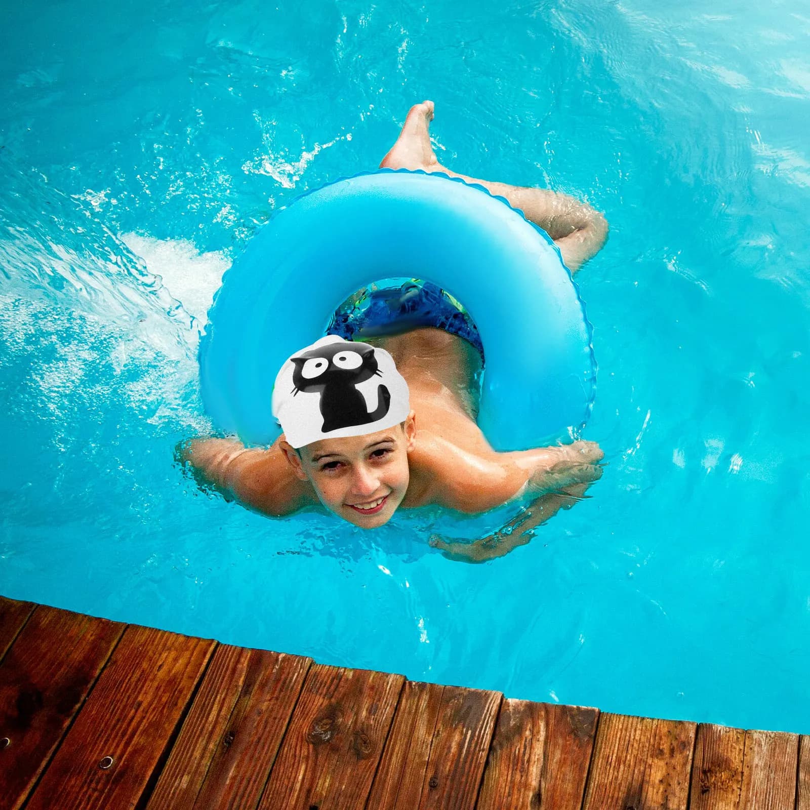 Children Cat Print Silicone Swimming Cap Lightweight Waterproof Swim Hat Kids Protective Swim Cap Swimming Hat