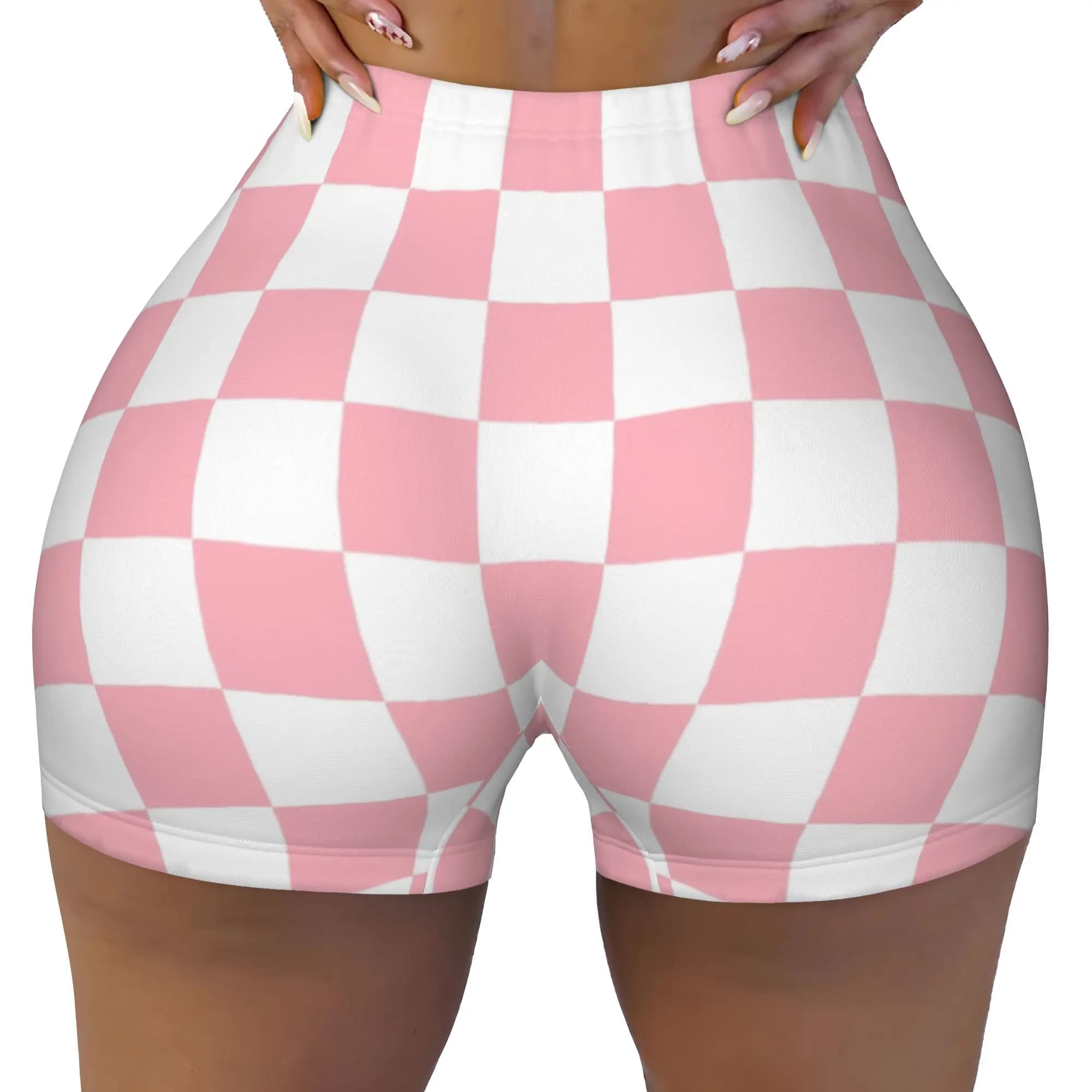 Custom Pink White Checkerboard Pattern Gym Running Volleyball Shorts Women's Workout Yoga Shorts