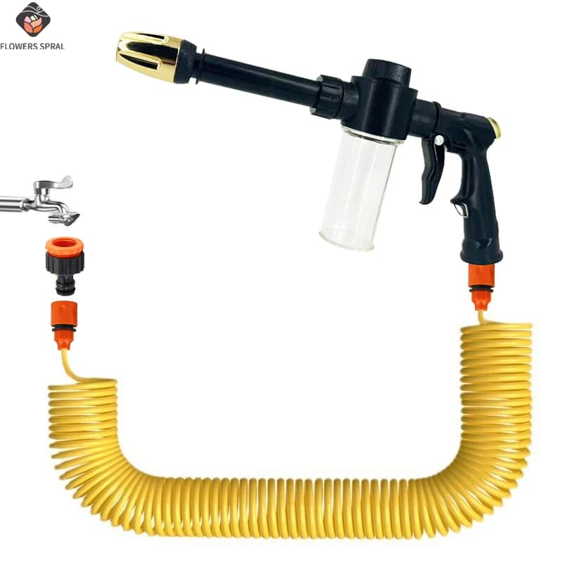 Gardening spring with irrigation pipe with foam gun, adjustable, used for garden irrigation, pet bath, car wash tools