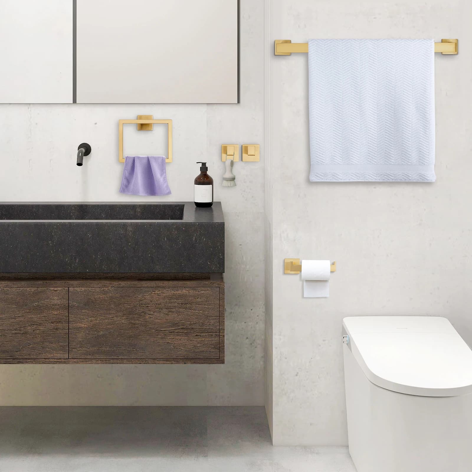 Set di accessori da bagno da 15 pezzi, 3 * portasciugamani, 3 * anelli per asciugamani, 3 * porta carta igienica, 6 * ganci per asciugamani, acciaio inossidabile, oro