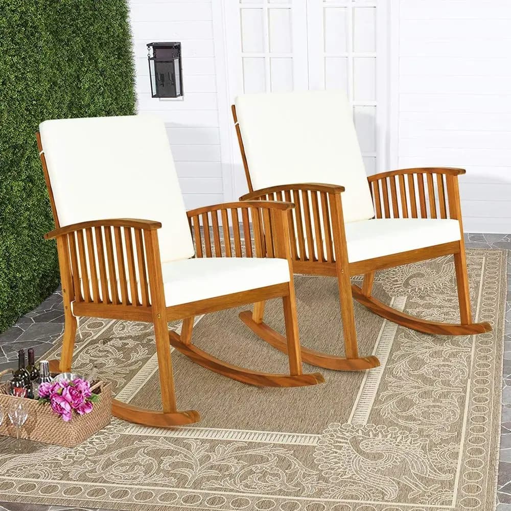 Set di 2 Sedie a Dondolo in Legno di Acacia per Esterni, con Cuscini Rimovibili e Lavabili, Ideali per Veranda, Giardino, Patio e Balcone