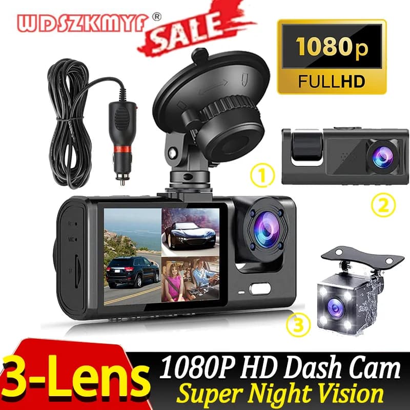 Dash Cam a 3 canali per telecamera anteriore e posteriore per auto Videoregistratore 1080P Dashcam Black Box Car DVR Telecamera per retrovisione accessorio per auto