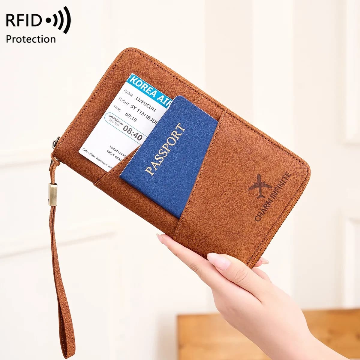 Retro PU Leather RFID Blocking Passport Holder Wallet Multi Slot Card Organizer Case With Pen Slot Zipper Closure AirTag Pocket