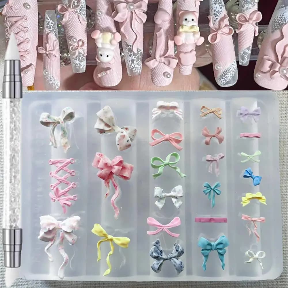 2 pezzi 3D Bowknot Nail Art Stampo + Penna per incisione Set Modelli per unghie con nastro in silicone trasparente per fai da te Bowknot Nail Charms Strumento per stencil per manicure