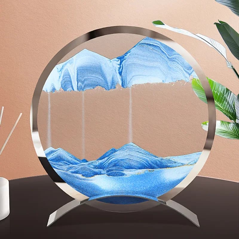 Immagine artistica con sabbia in movimento, vetro rotondo, sabbie mobili, clessidra 3D, paesaggio marino profondo nel movimento, pittura con sabbia che scorre, decorazioni per la casa, regali
