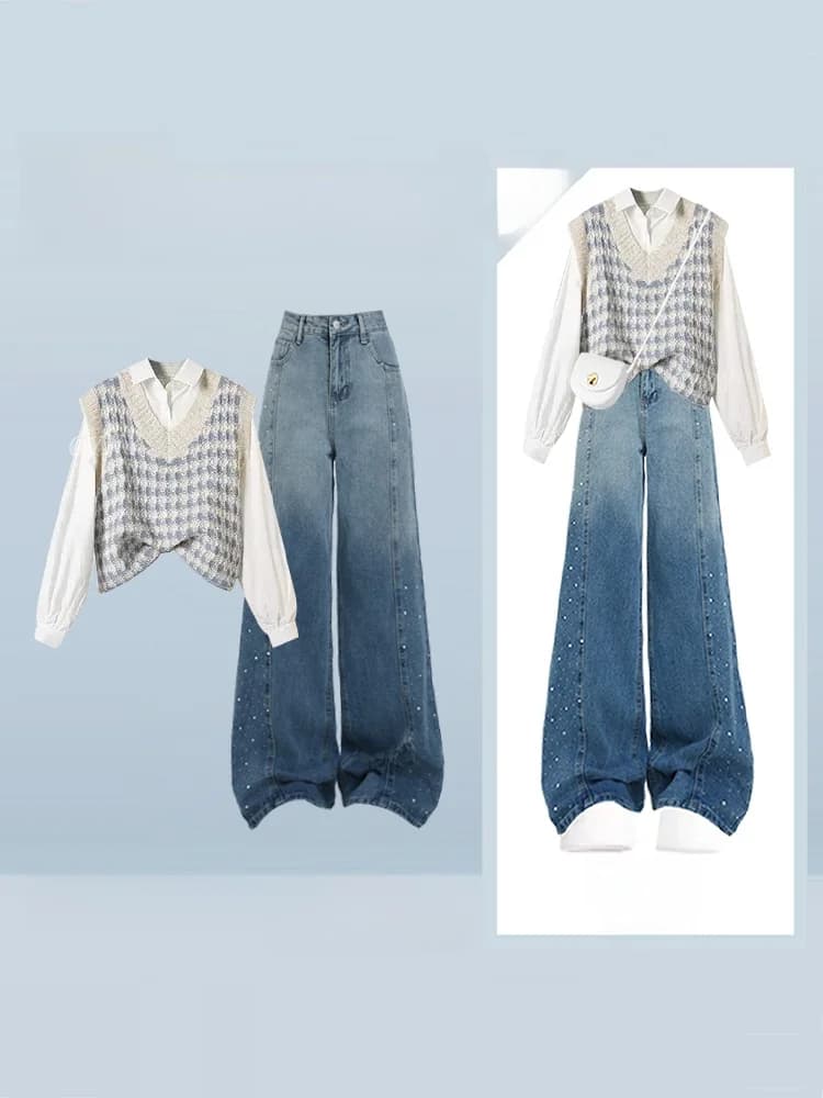 Set Tre Pezzi: Camicia Tinta Unita, Gilet a Righe Lavorato a Maglia, Jeans a Gamba Larga, Completo Autunnale alla Moda in Stile College per Donna