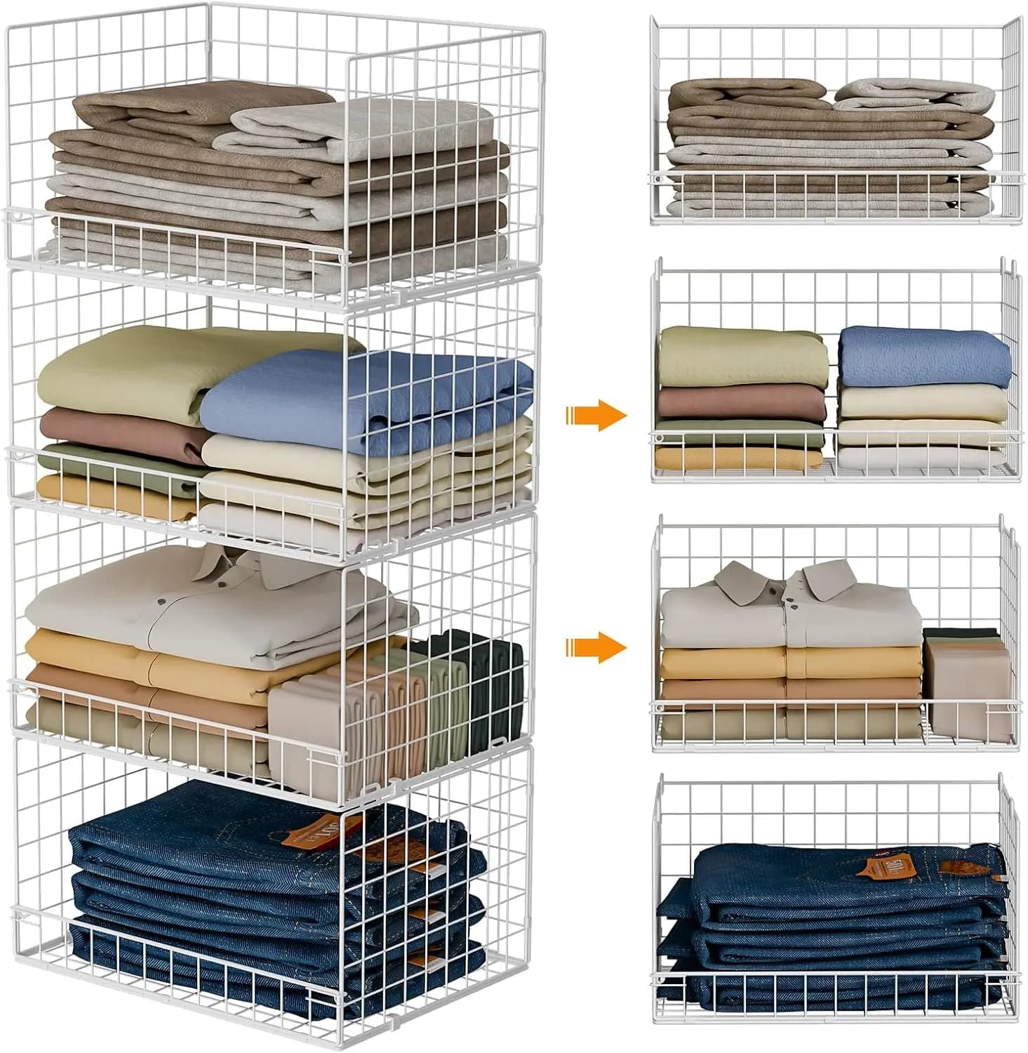 4-Tier Stackable Closet Organizers and Storage Basket, Foldable Closet Shelf Organizer System, Space-Saving Clothes Storage Draw