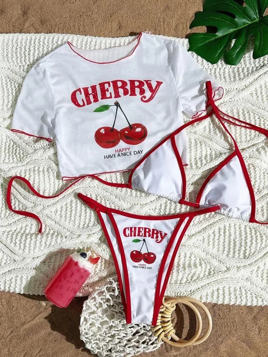 Women's mini bikini short sleeve swimsuit in net with cherry print Women's swimsuit Three-piece bikini swimsuit