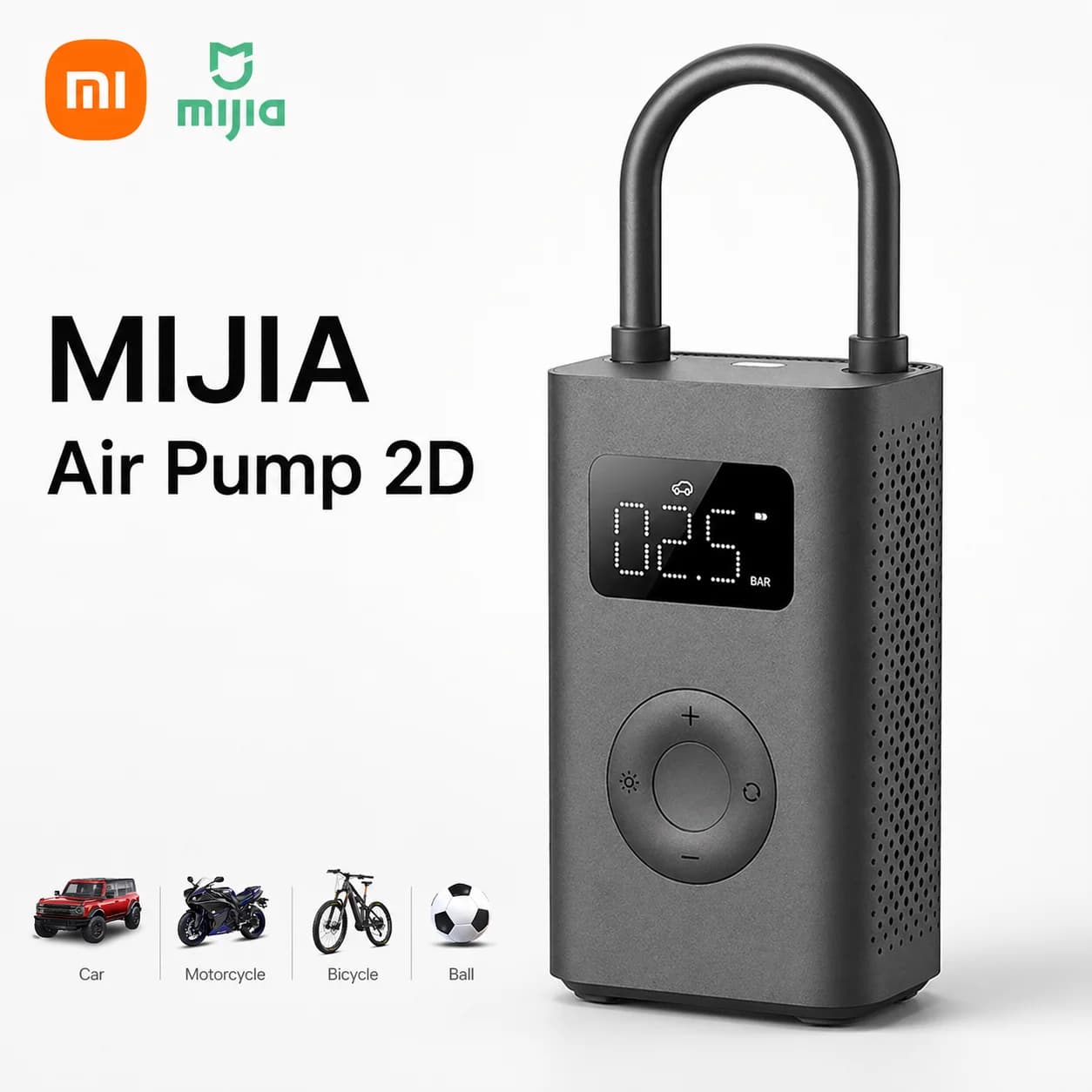Xiaomi Mijia Air Pump 2D, Gonfiatore Portatile per Pneumatici - Pompa d'Aria per Auto, Bicicletta, Moto, Palloni, Display Digitale, Impostazioni di Pressione