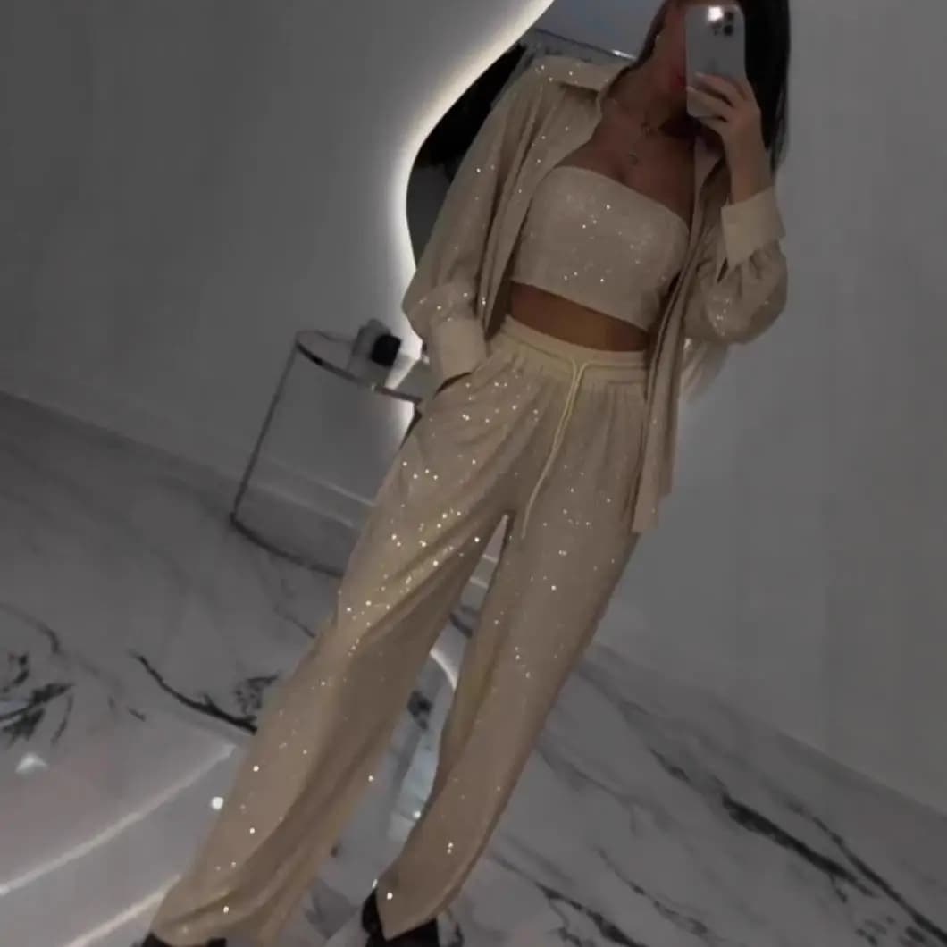 Casual Glittering Outerwear Three-Piece Set Women's Loose Fit Suit Jacket Top Wide Leg Pants Commute Style Winter Fashion