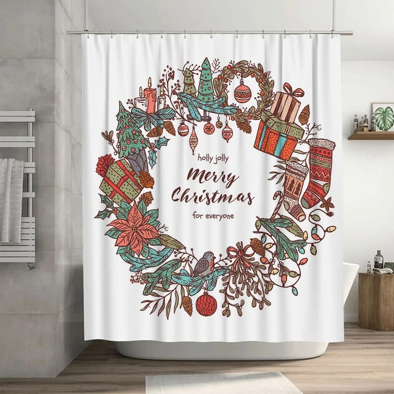 TU Buon Natale Tenda da doccia Decorazioni festive per le vacanze Motivo floreale botanico Agriturismo rustico per il bagno di casa