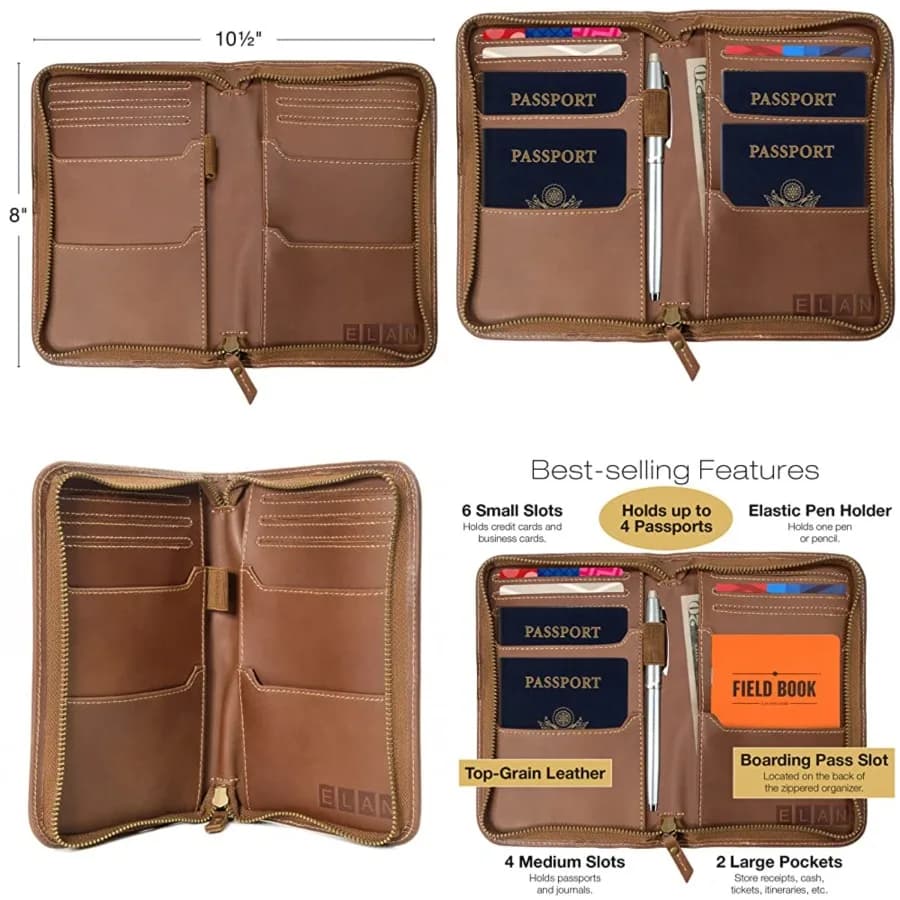 Portafoglio da Viaggio in Pelle e Porta Passaporto, in Pelle Pieno Fiore Marrone