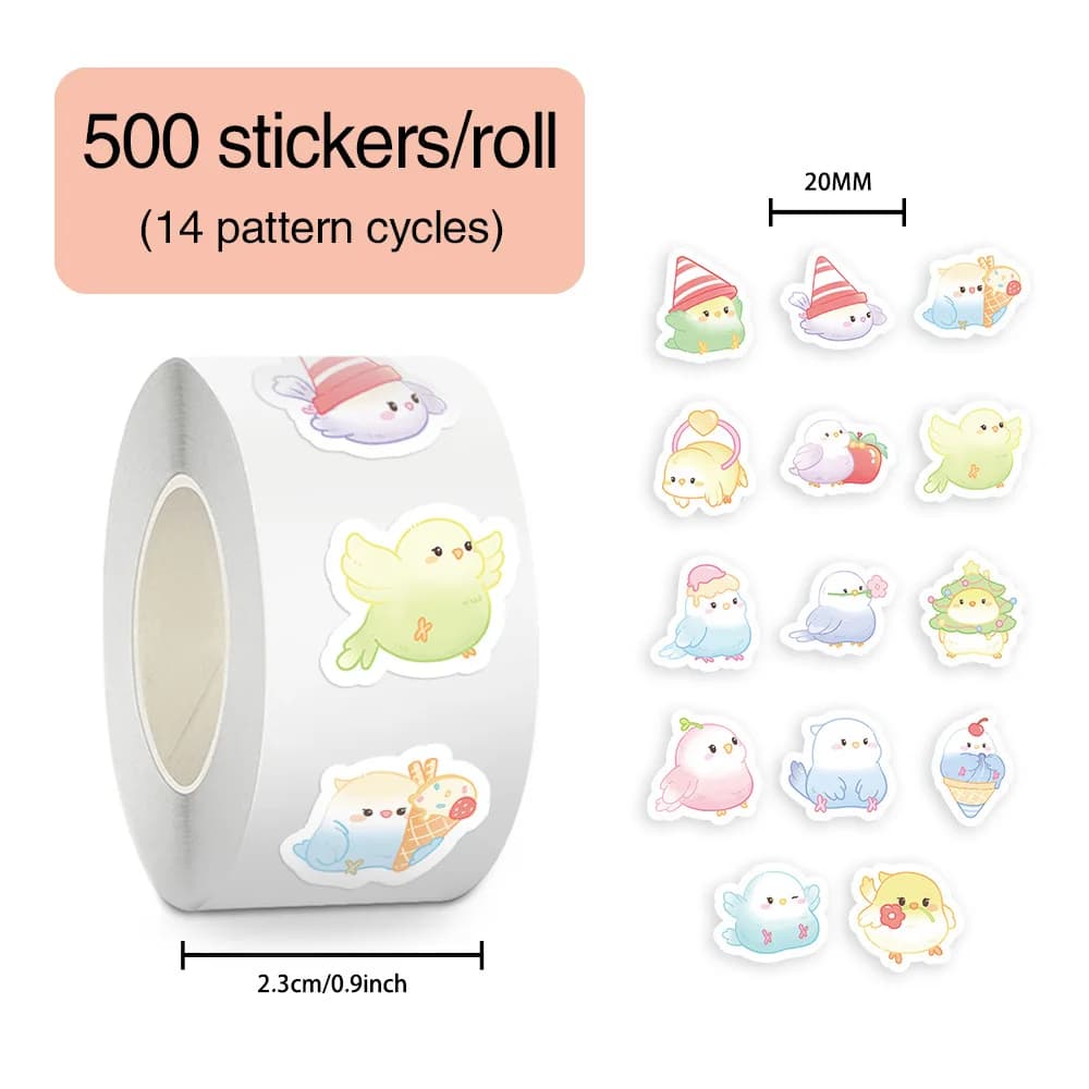 500Pcs/Roll Colorful Parrot Cartoon PVC Stickers Adhesive Decals for Envelope Sealing Notebook Scrapbooking DIY Decor