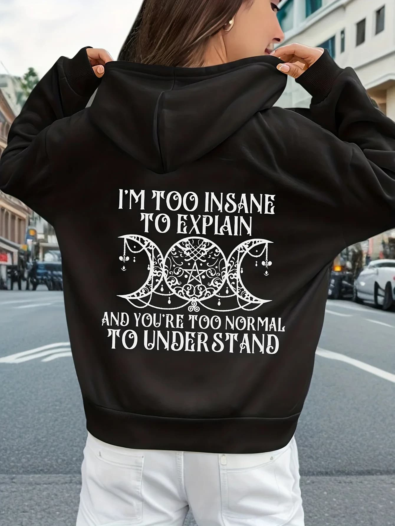 Felpa con Cappuccio Stampata da Donna 'I'm So Crazy I Can't Explain', Abbigliamento Streetwear con Collo Tondo, Versatile e alla Moda, Calda per l'Autunno, Stile Y2K