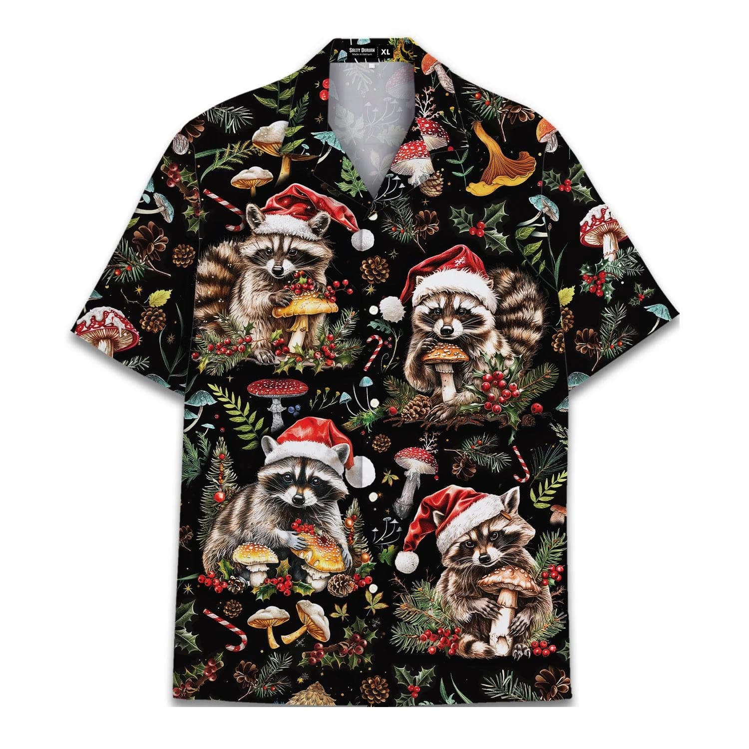 Camicia Hawaiana Natalizia con Grafica Animale, Cappello di Babbo Natale, per Uomo Donna e Ragazzi, Divertenti Magliette con Procione e Gatto, Outfit Festivo Aloha per Natale