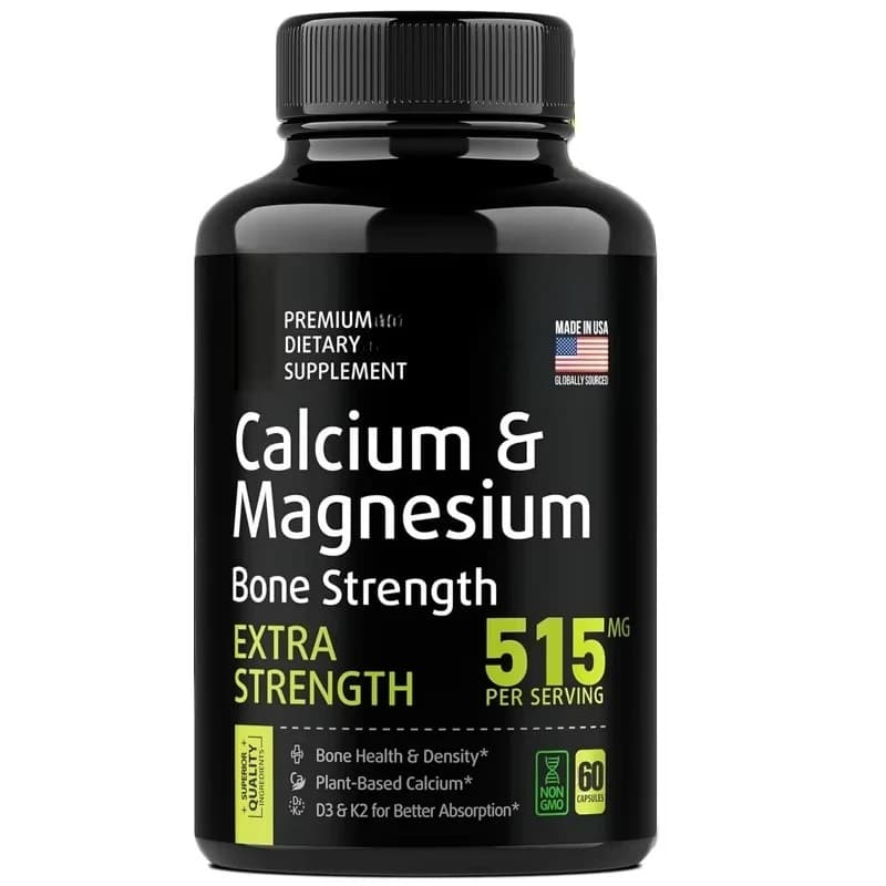 Calcium and magnesium supplements, bone strength supplements, high calcium content containing vitamin D and K2, 60 capsules