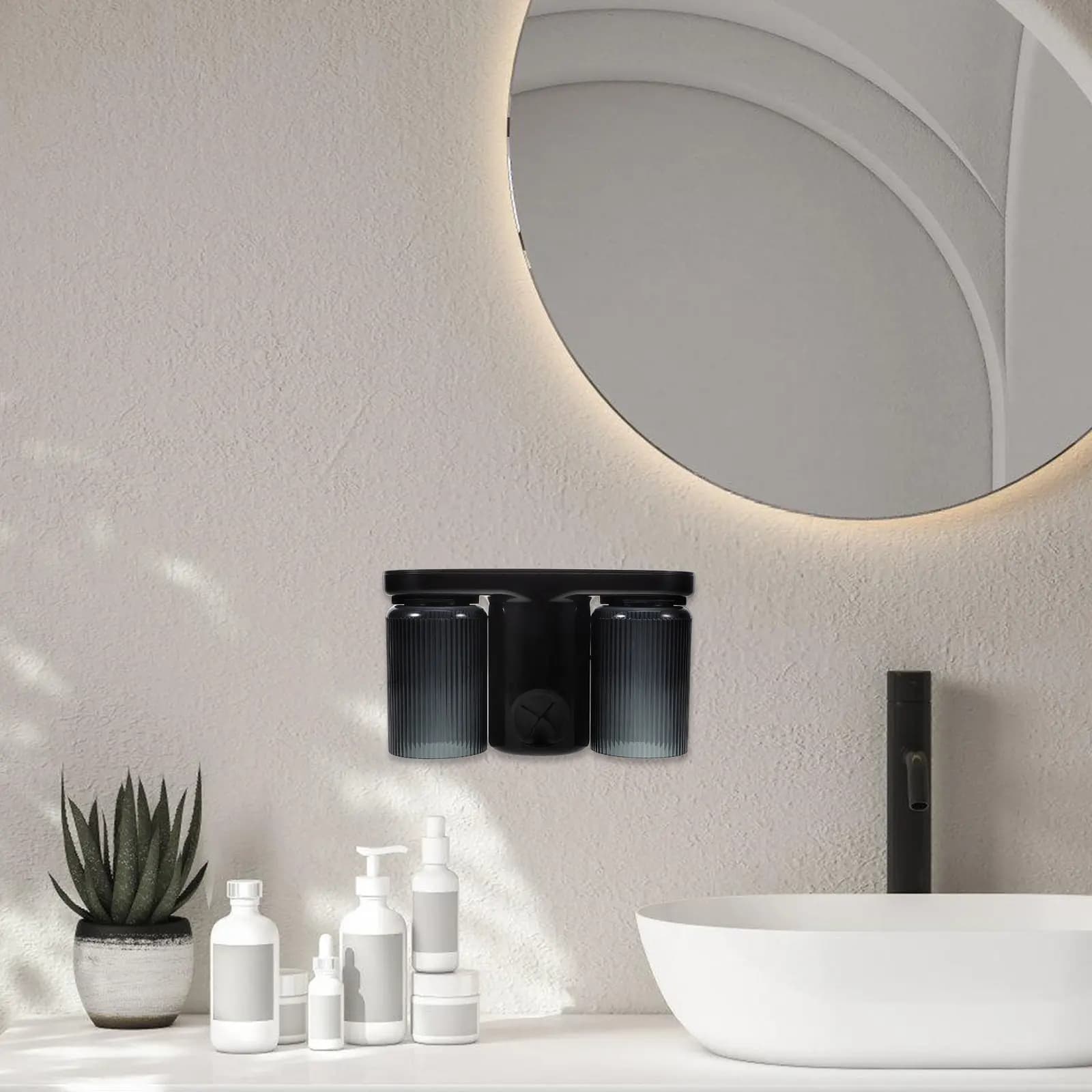 Wall Mounted Toothbrush Holder with Dual Cups No Drill Bathroom Organizer for Toothpaste and Towels