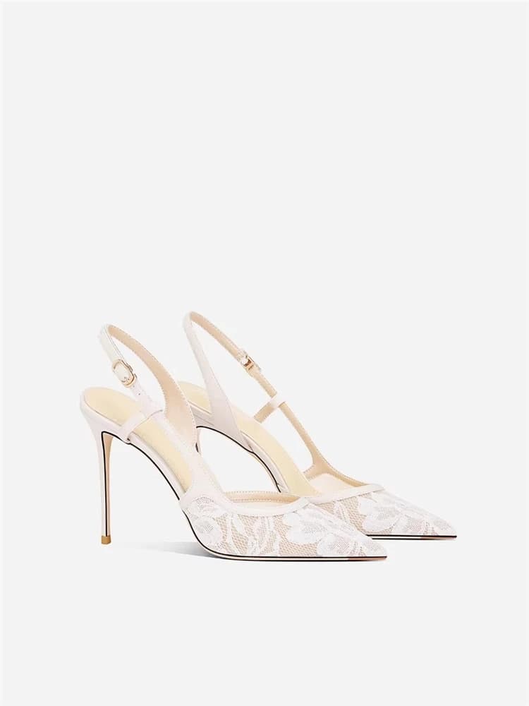 Spring and summer new pointed white lace mesh wedding shoes banquet dress large size small size thin high-heeled women's sandals