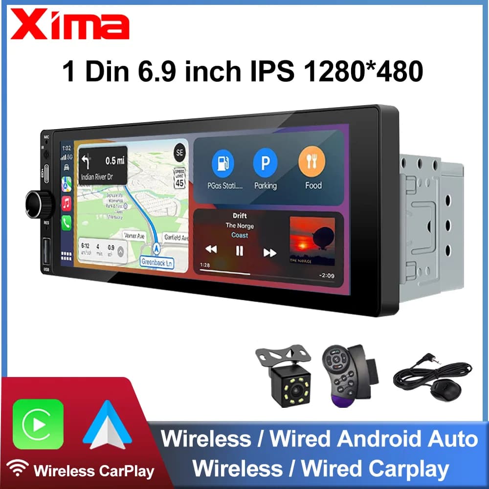 XIMA Autoradio da 6,9 pollici Wireless CarPlay Android Auto MP5 Bluetooth FM USB IPS Touch Screen Lettore multimediale Universale 1Din
