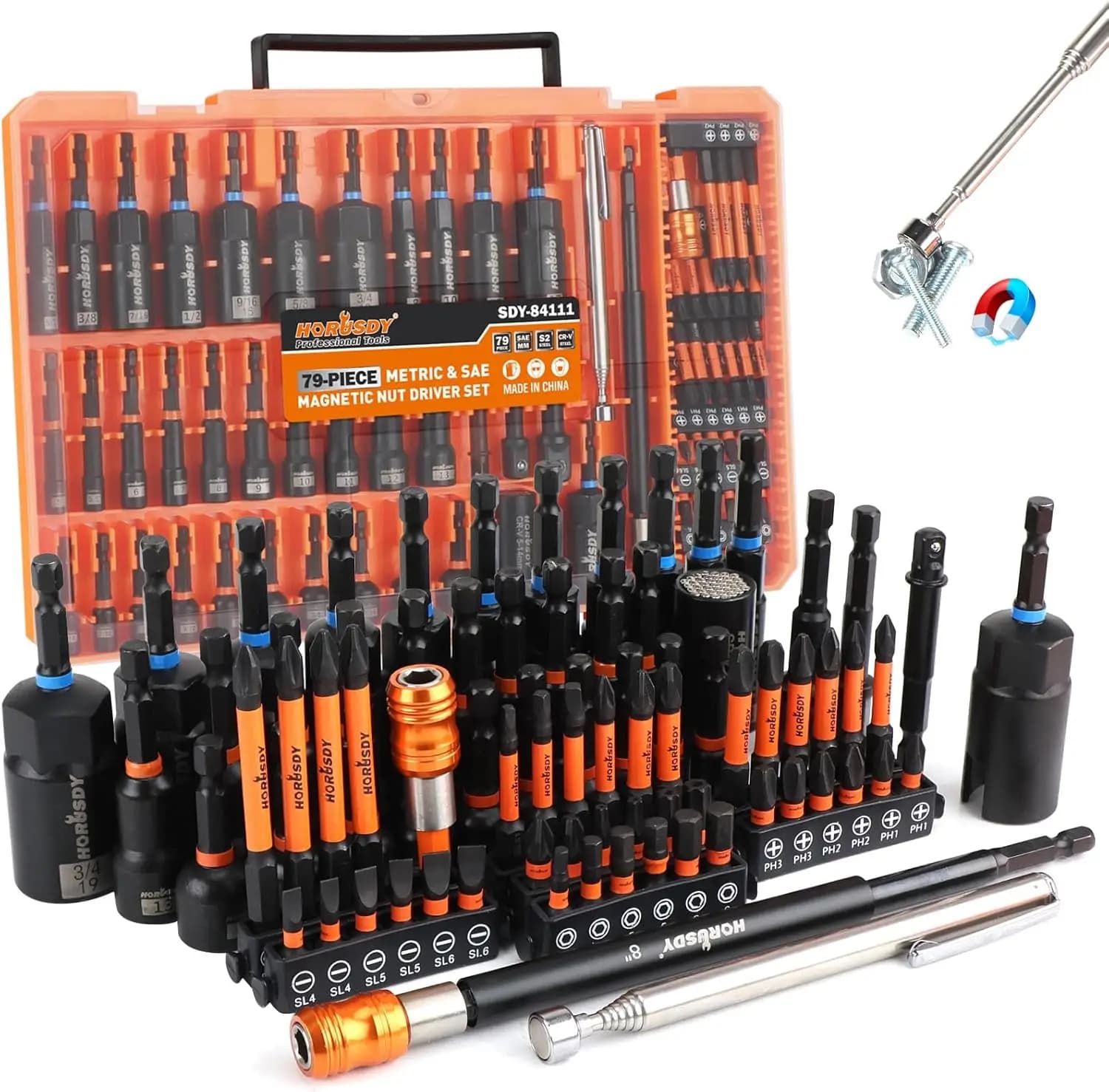 Set di 79 Pezzi di Chiavi a Bussola Magnetiche con Attacco a Impatto, Misure Metriche e SAE, Strumento di Raccolta e Prolunghe per Uso Professionale
