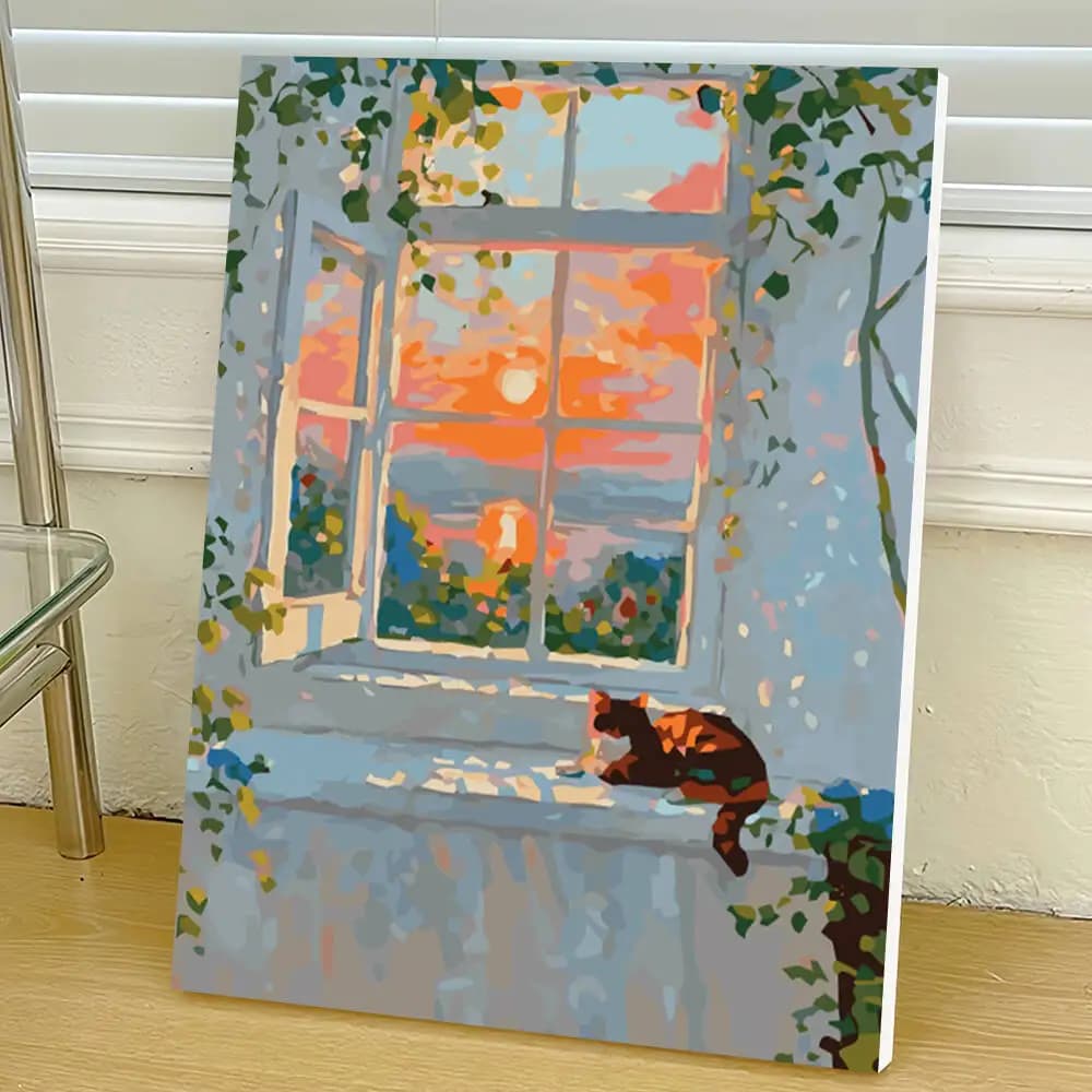 Digital Oil Painting Landscape Window DIY Paint By Number Kits Cat Sunset Drawing Picture Artcraft On Canvas Home Decor Gift