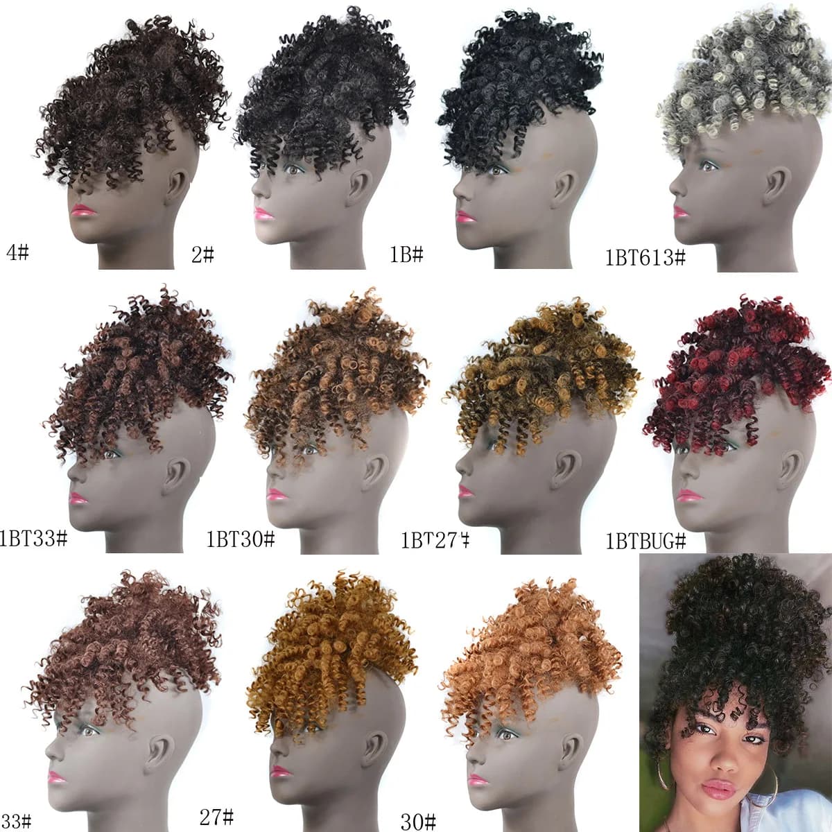 Black afro horsetail with coulisse and fringe, short horse tail riccia and crespa, horsetail chignon, extension for synthetic hair in the shape of pineapple