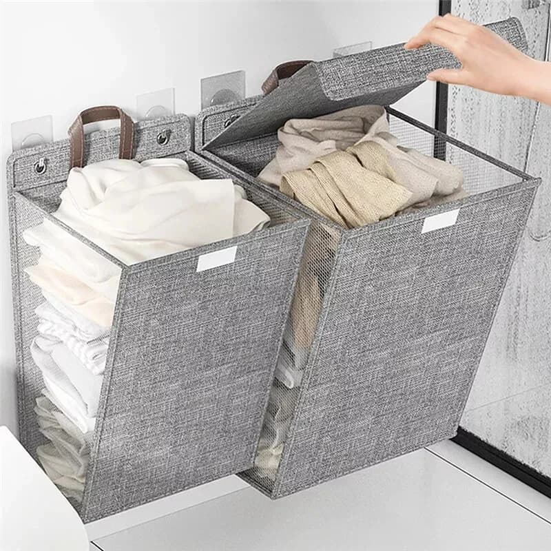 1 Pc Foldable Adhesive Laundry Basket Hamper Multifunctional Punch Free Wall Hanging Washing Clothes Mesh Hook Organizer