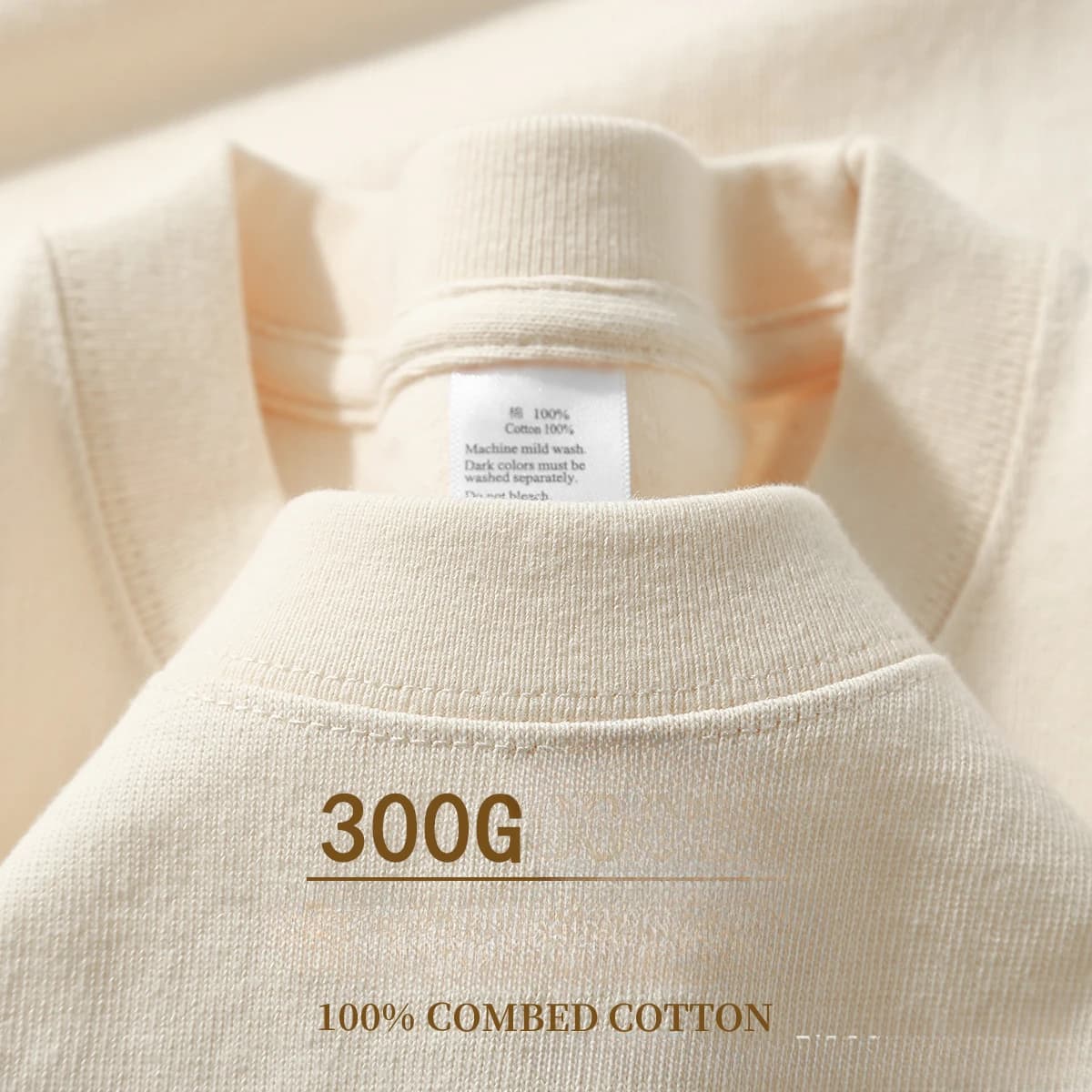 300 g beige heavy cotton short sleeve t-shirt, summer crew neck, wide shirt and base for men and women, basic t-shirt