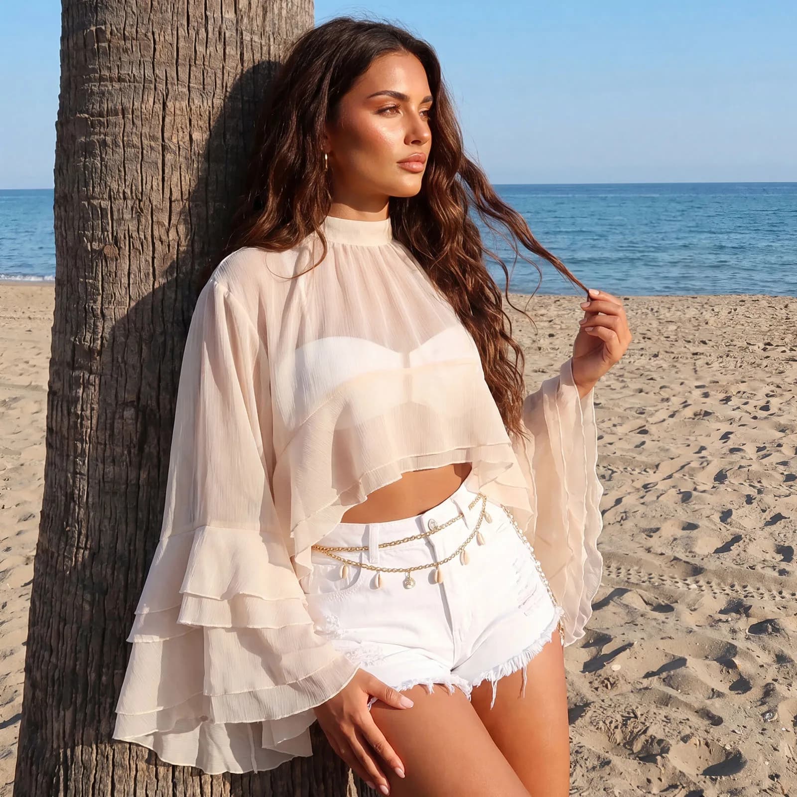 Women Summer Solid Color High Low Blouse Sheer Lightweight Ruffled Long Bell Sleeve Tops