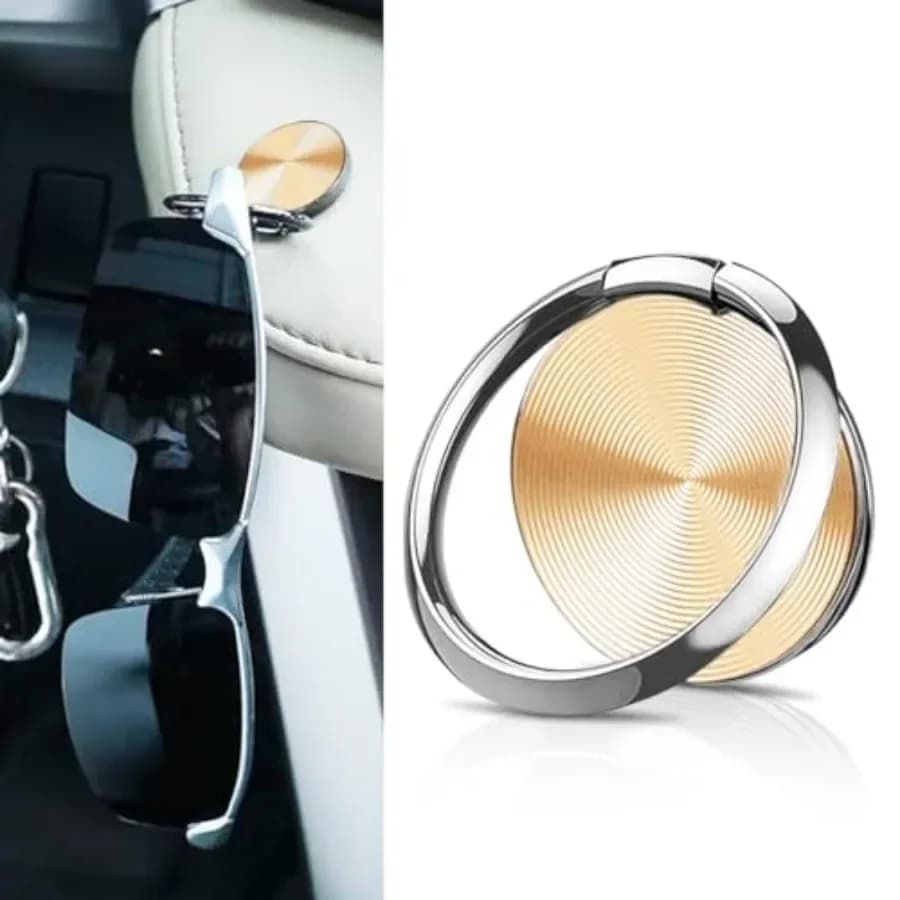 Car dash sunglass holder, premium metal alloy, gold, universal fit for car/home/boat/RV/truck/office with secure retainer hook