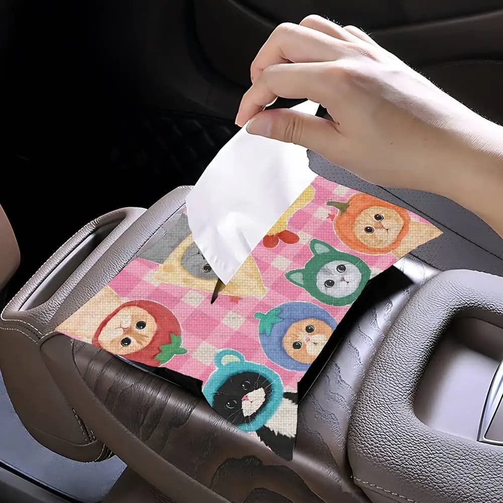 Cute Animal Cat Linen Car Tissue Box Holder Hanging Napkin Case Durable Auto Interior Organizer Universal Accessories
