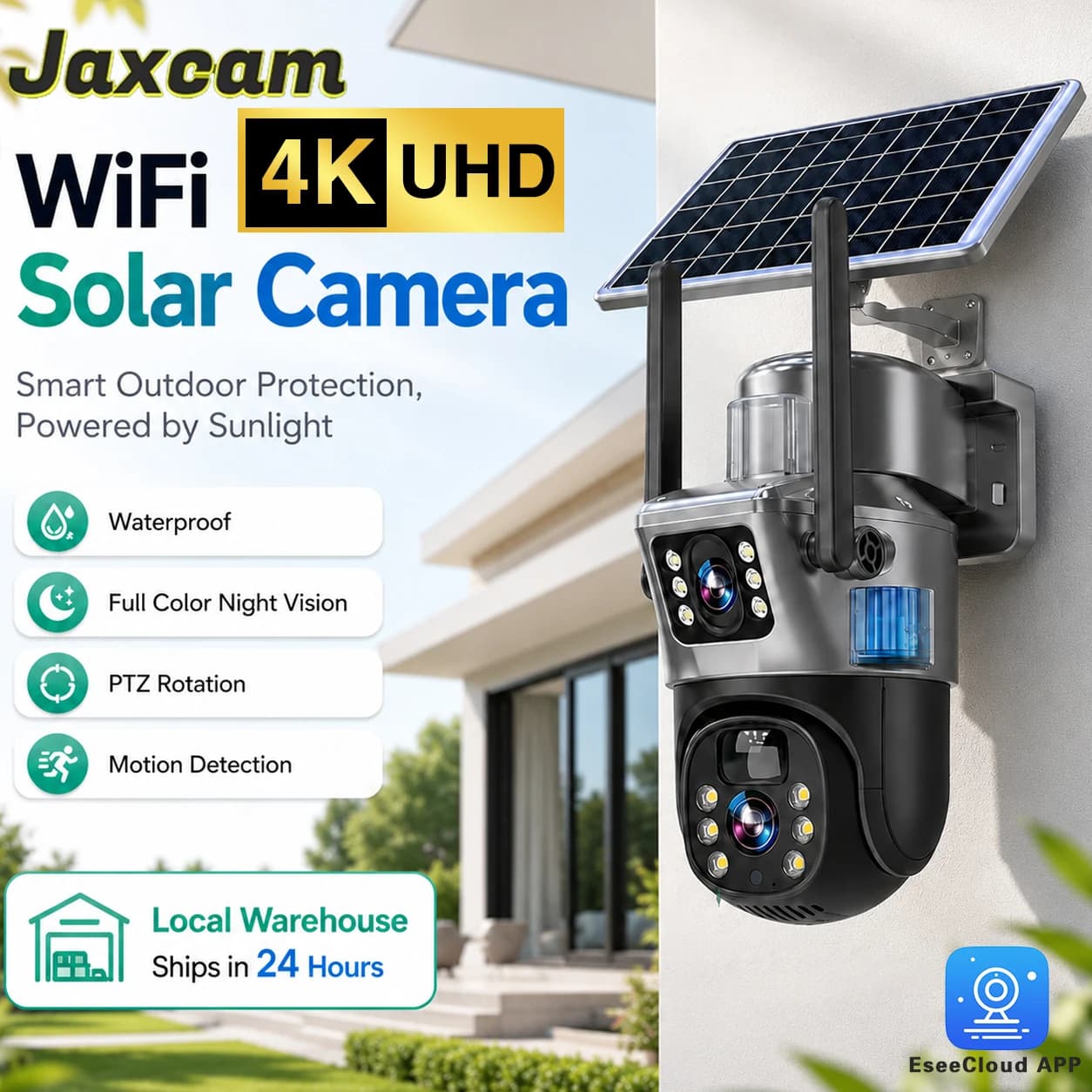 EseeCloud 4K Solar Security Camera Outdoor Dual Lens Solar IP Camera PIR Human Detection Night Vision Battery CCTV Camera