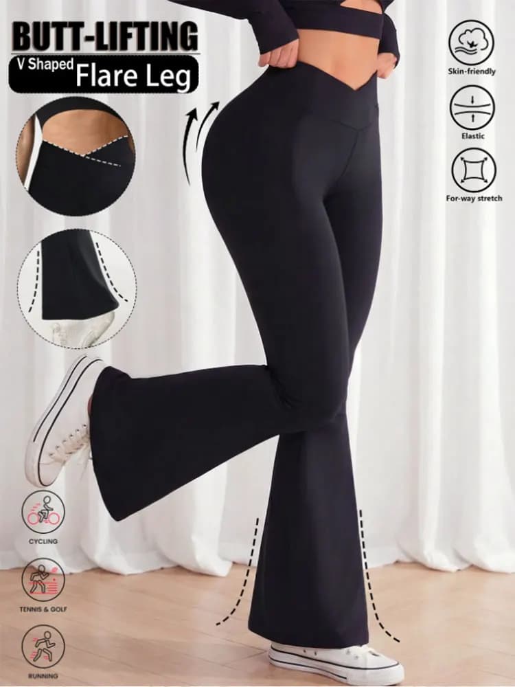 Women's wide leg yoga pants with V neckline and cross belt, high waist, slim fit, for fitness, lifting hips, running and training