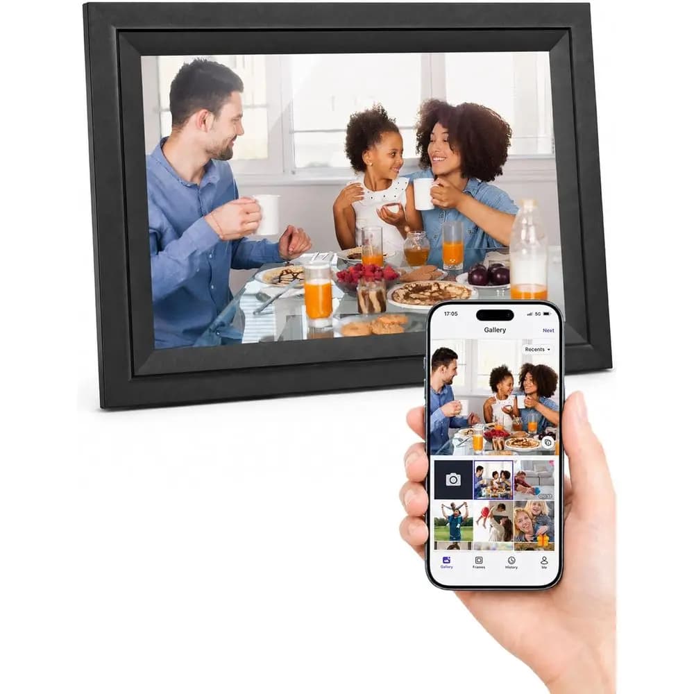 Cornice Digitale da 10.1 Pollici, Schermo Touch IPS, 16GB di Memoria, da Tavolo e da Parete, Condivisione Media tramite App, Ideale per Compleanni