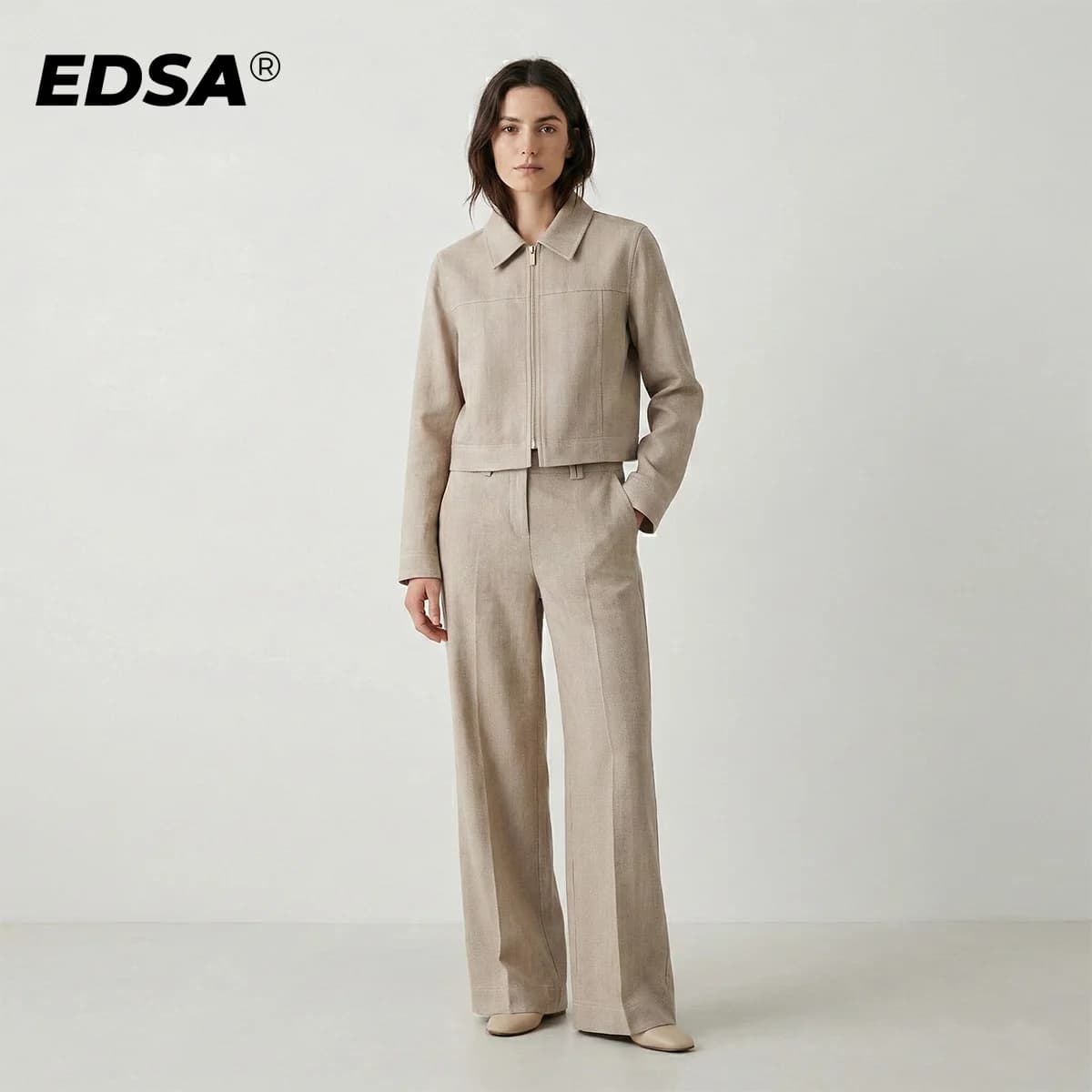 EDSA Pantaloni a spina di pesce kaki da donna Set Giacca corta Maniche lunghe Zip laterale Pantaloni lunghi a gamba dritta a vita bassa Abiti femminili