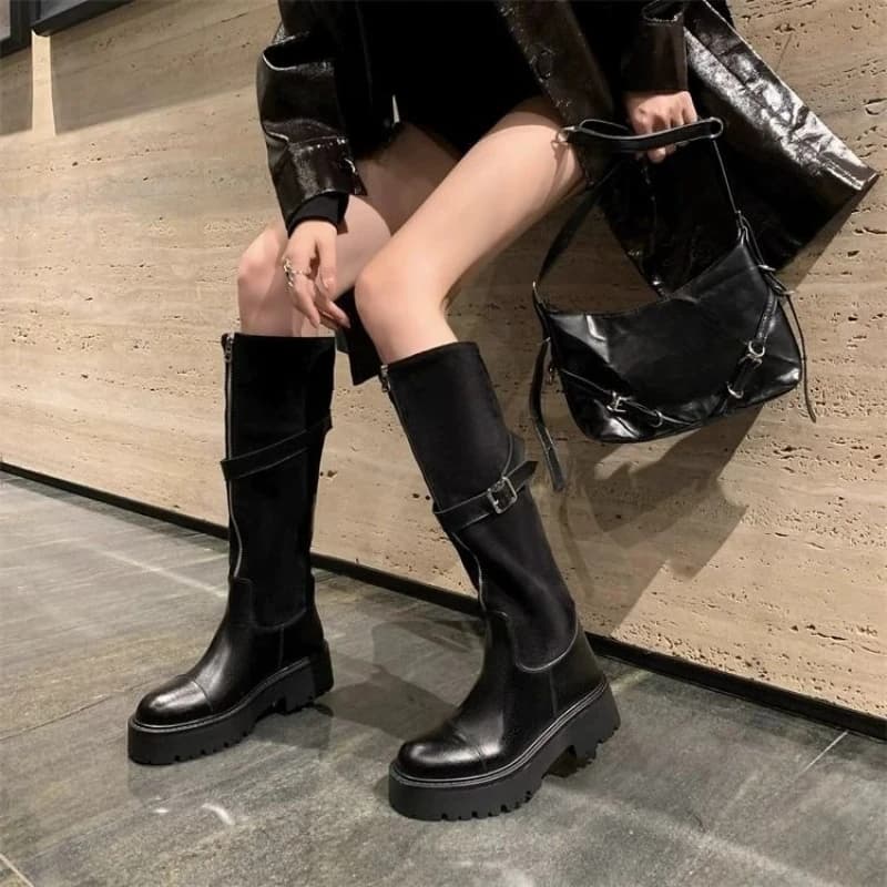 Autumn Winter Belt Buckle Women's Shoes With High Knee Tree Y2k Designer Luxury Footwear Demi-season Goth Long Boots Women's