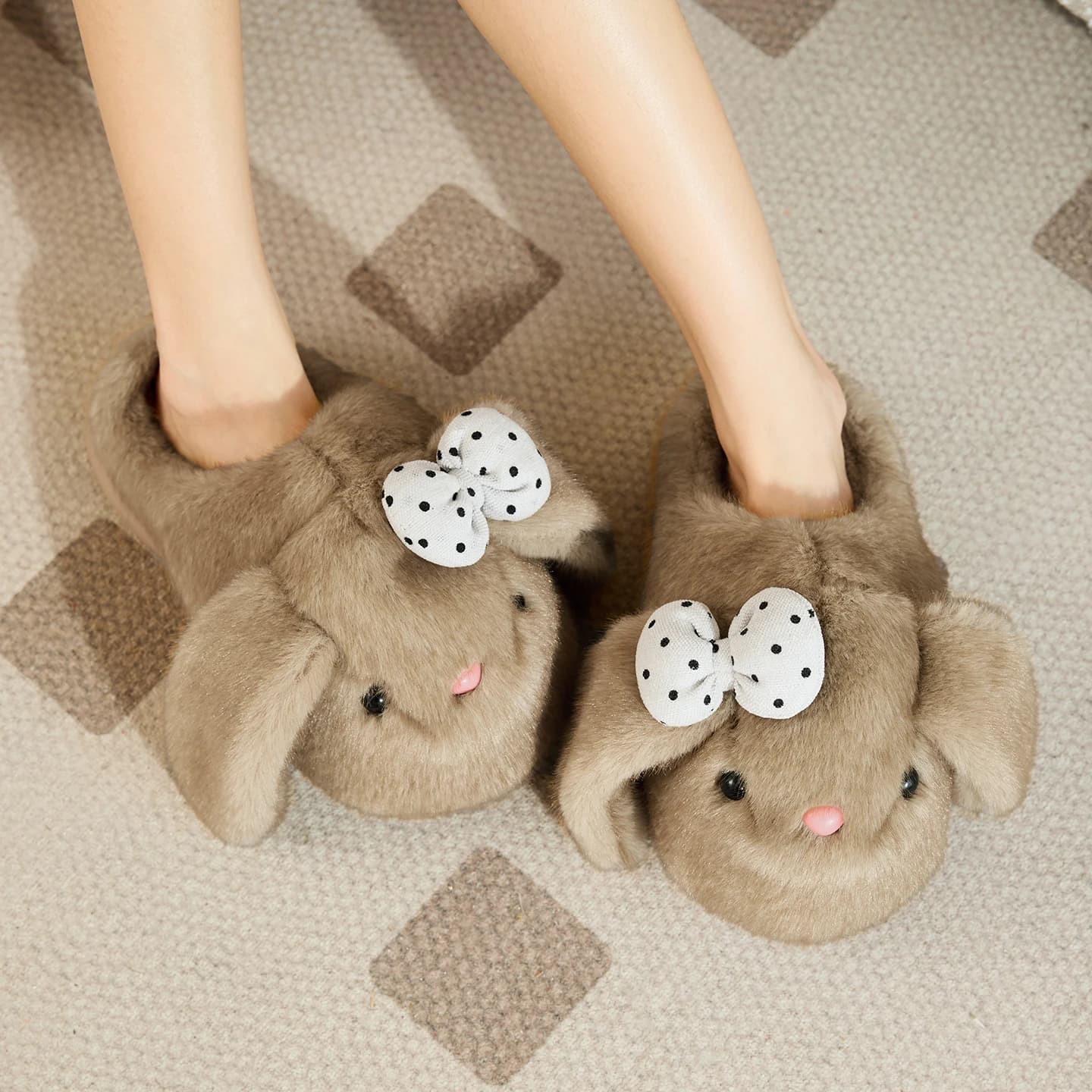 SHAJI Women Long Ear Bunny Plush Slippers Autumn Winter Kawaii Cartoon Non-Slip EVA Sole Indoor Bedroom Home House Shoes