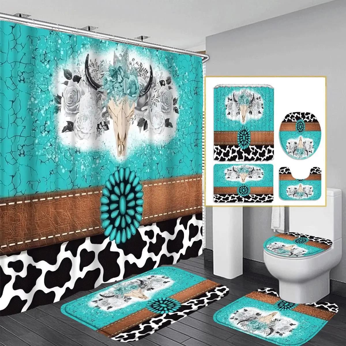 Set di 4 tende da doccia a forma di cervo, con 12 ganci, tappeto antiscivolo per bagno, tappetino a forma di U per WC, copriwater, decorazione per bagno, set di tende da doccia, accessori per bagno