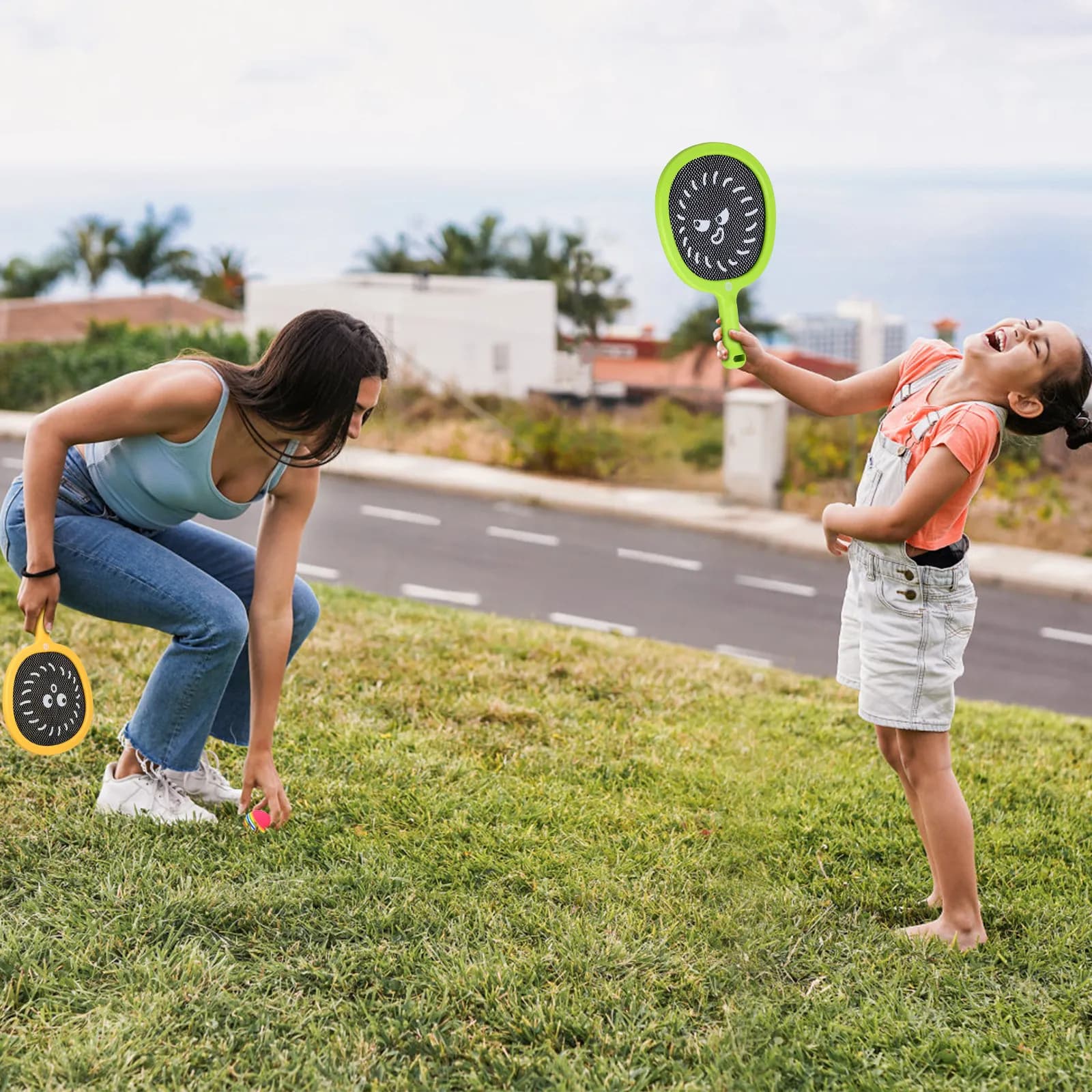 1 set di racchette sportive per bambini, stile tennis, palline rimbalzanti, manico antiscivolo, colori elastici, per esterni, prato, cortile, spiaggia