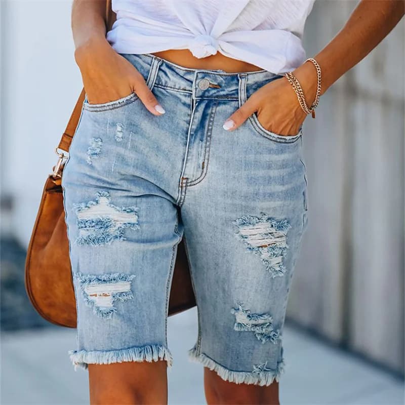 2022 new women's fashion cycling jeans shorts ripped nappa shorts tight to five points washed shorts shorts summer shorts sexy women