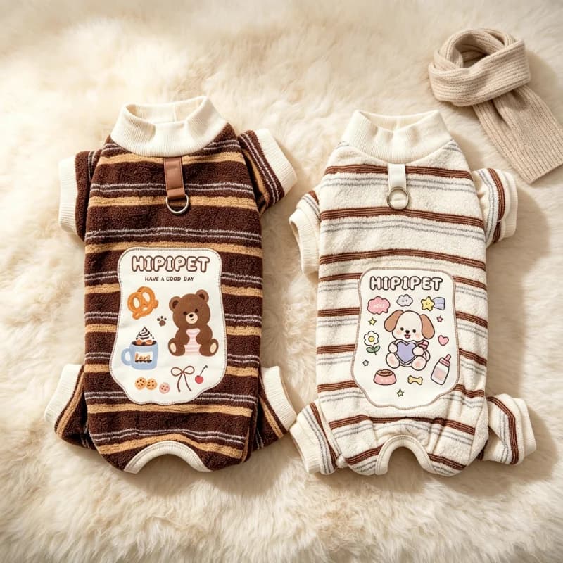 Cute Cartoon Striped Dog Jumpsuit Four-Legged Plush Dog Clothes Autumn Winter Pet Pajamas Warm Coat Chihuahua Bichon Costumes