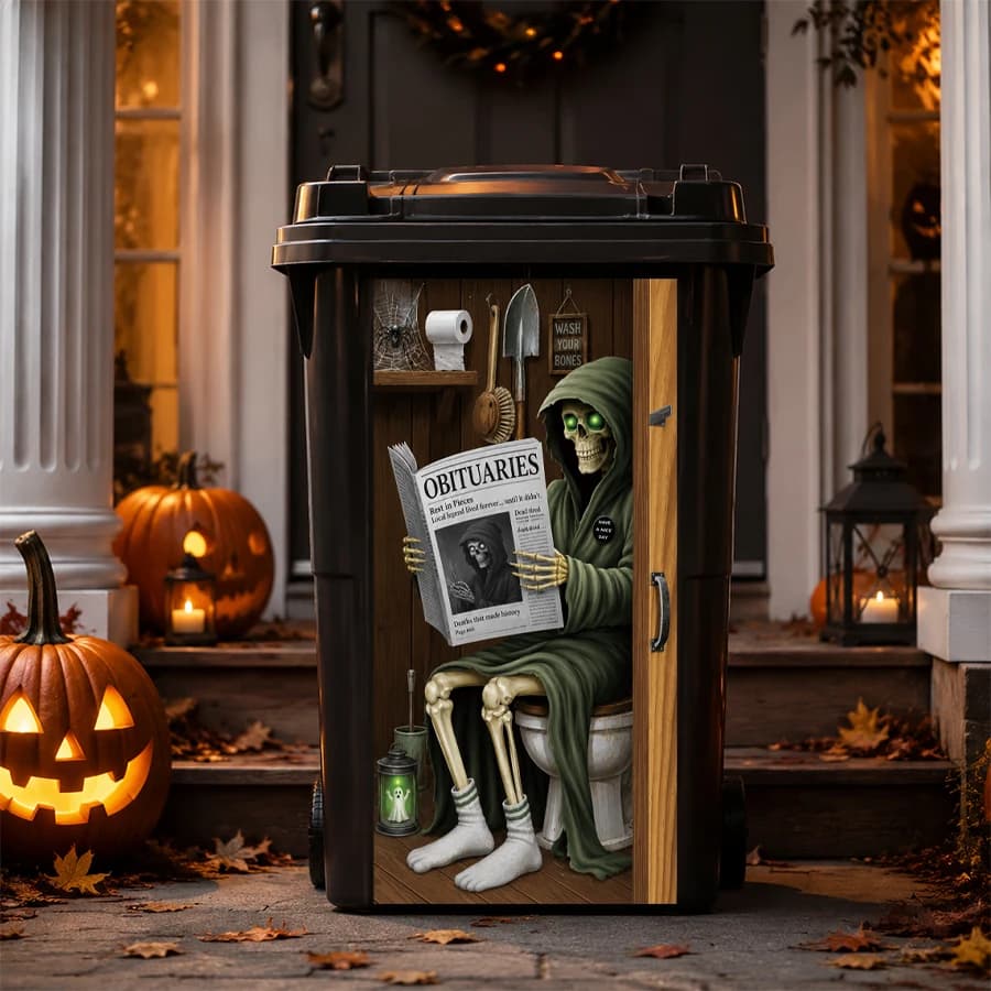 Waterproof Halloween Skeleton Trash Can Decal, Funny Skeleton on Toilet Sticker for Outdoor Yard & Garbage Bin Decor