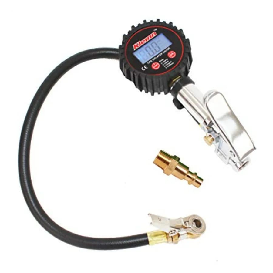 Gonfiatore per pneumatici Air Horns 59830 con manometro digitale e valvola di scarico pressione, in lega di alluminio nero, display digitale ad alta precisione e regolazione.