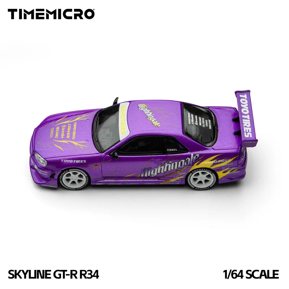 *Preordine*TimeMicro1:64 Skyline GT-R R34 Modello di auto in lega di simulazione viola fiamma alla deriva per hobby, oggetti da collezione e display