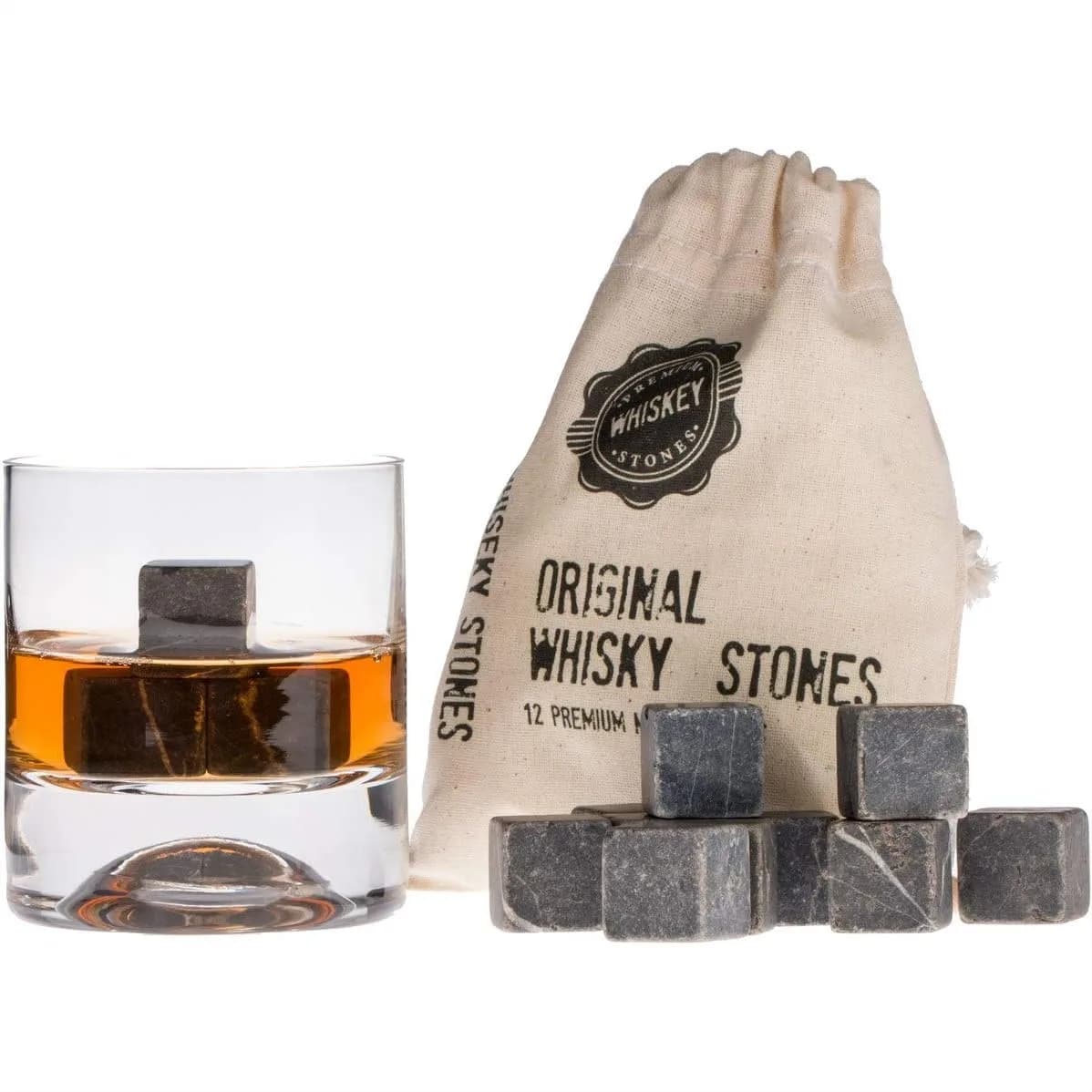 Set Regalo di Pietre per Whisky con 12 Cubetti di Ghiaccio in Marmo Riutilizzabili e Borsa per Bourbon, Scotch, Gin, Vino - Regalo di Compleanno Perfetto per